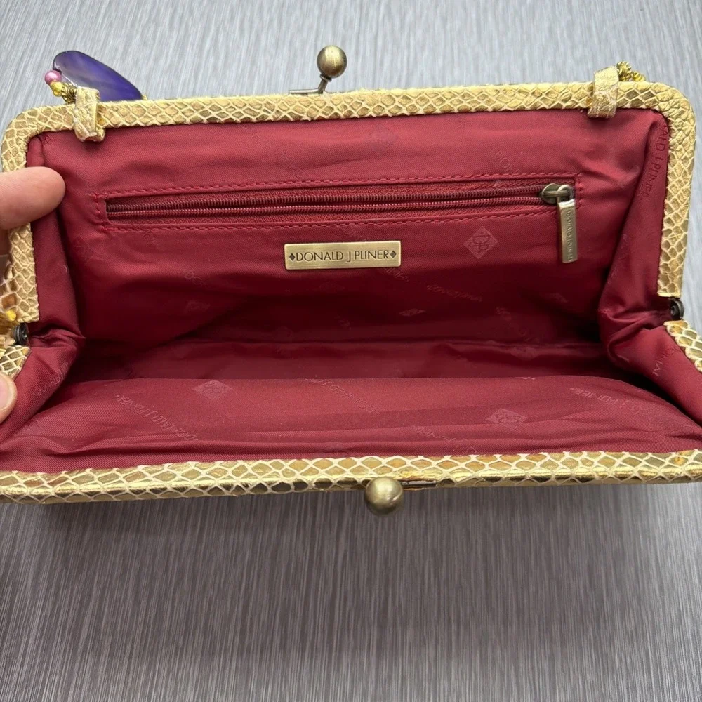 Donald J Pliner Gold‎ Metallic Clutch Bag Snakeskin Beaded Handle Evening